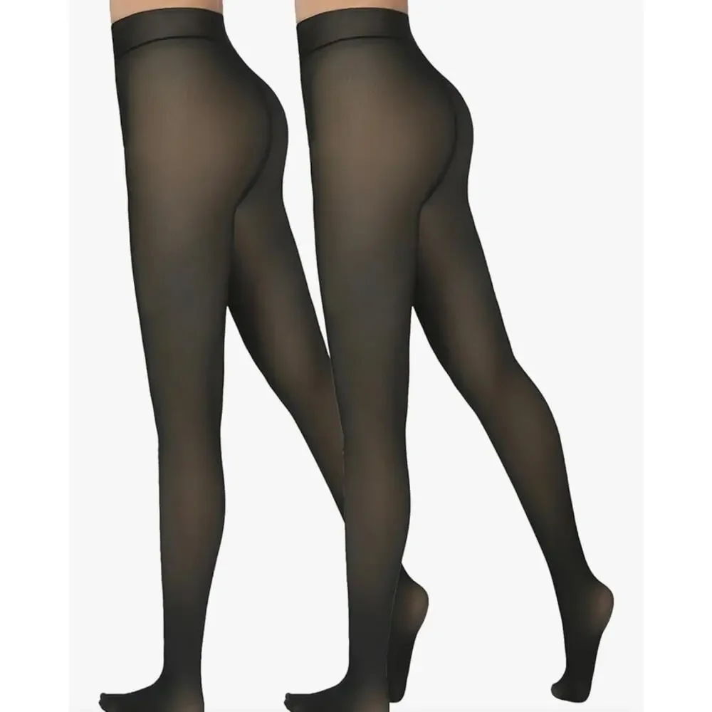 Delcast 2 Pairs Black Fleece Lined Tights Women Thermal Sheer XS